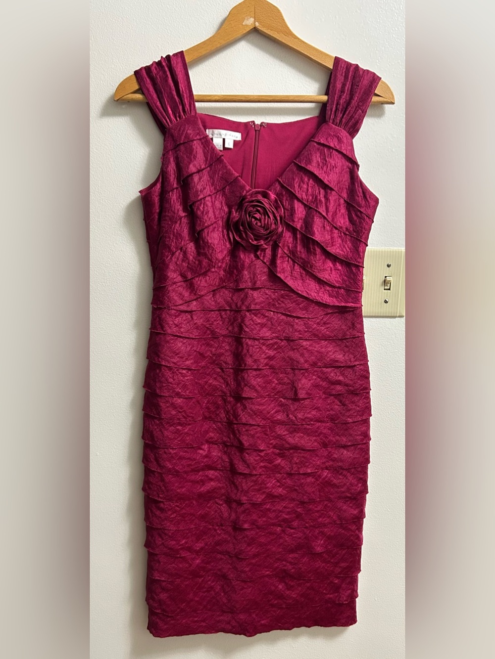 London Times Raspberry Tiered Rosette Midi Dress